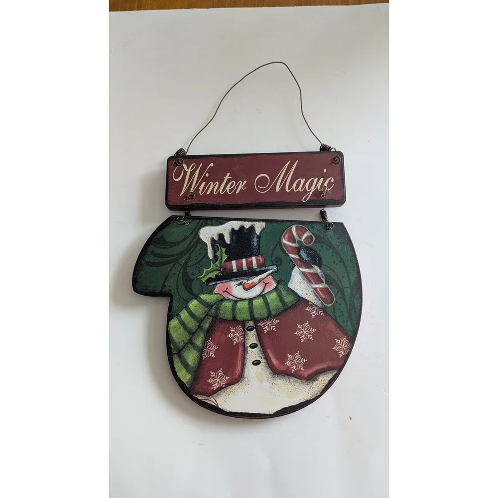 Creative Co-Op Winter Magic Snowman Mitten Wood Wall Hanging Sign Rustic Decor